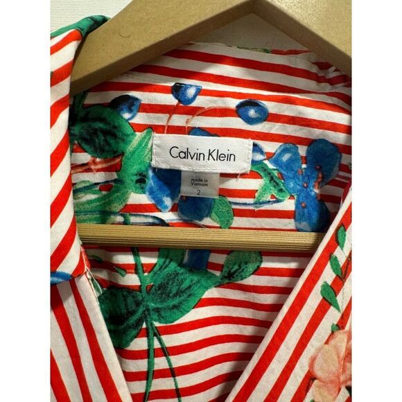 Calvin Klein Red Striped Floral High Low Dress - Picture 2 of 6